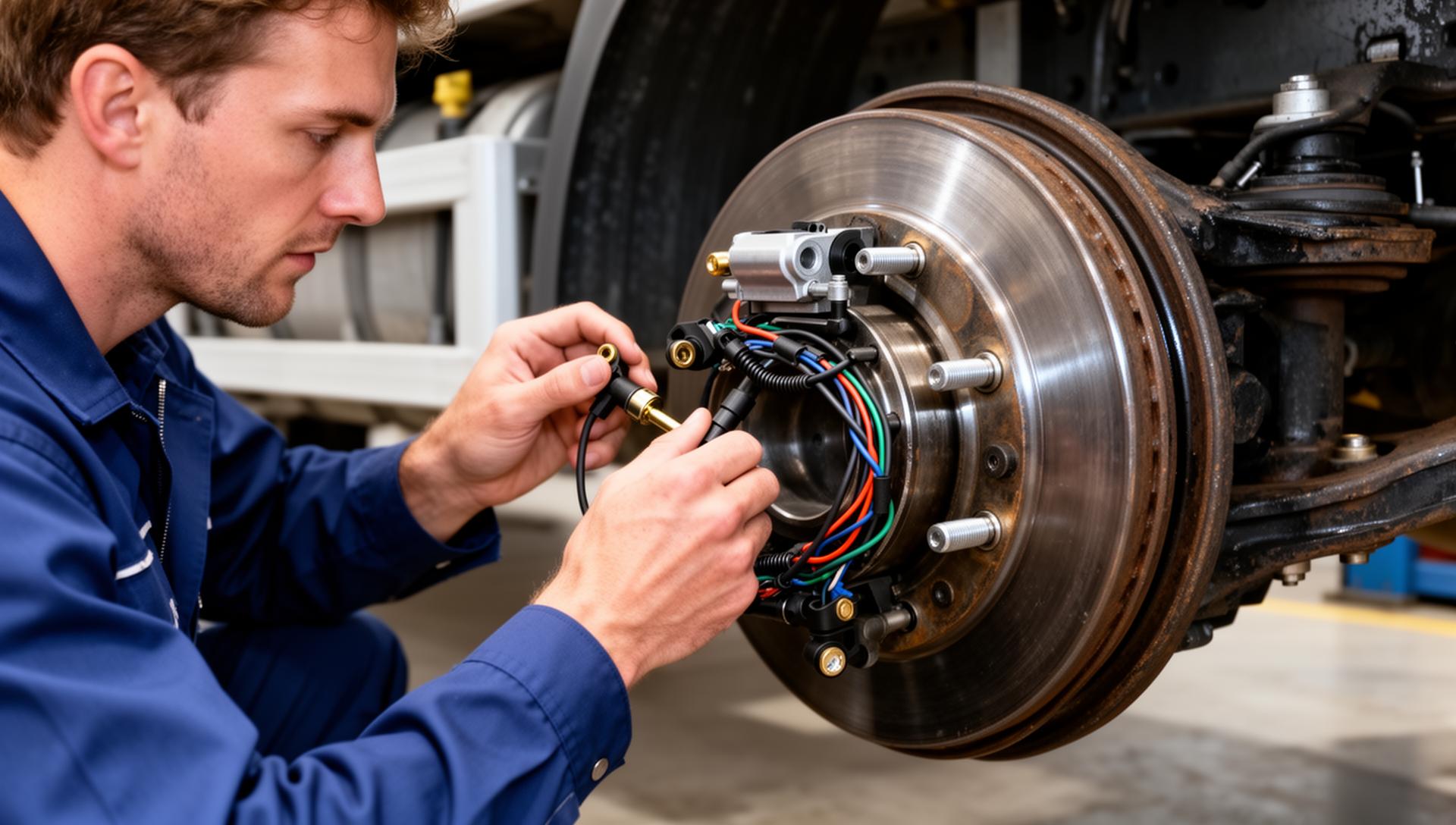 Technician inspecting ABS sensors and wiring on a trailer axle