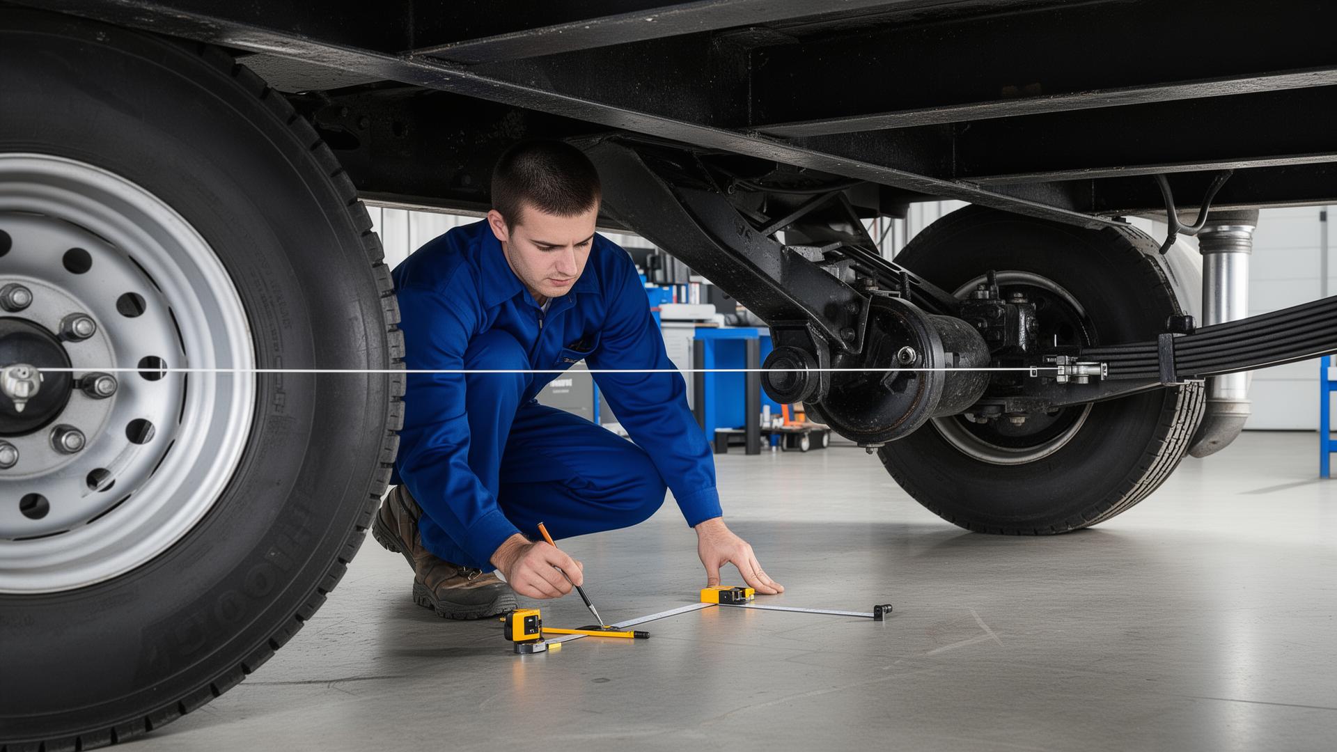 Technician checking trailer axle alignment with measuring tools under a trailer