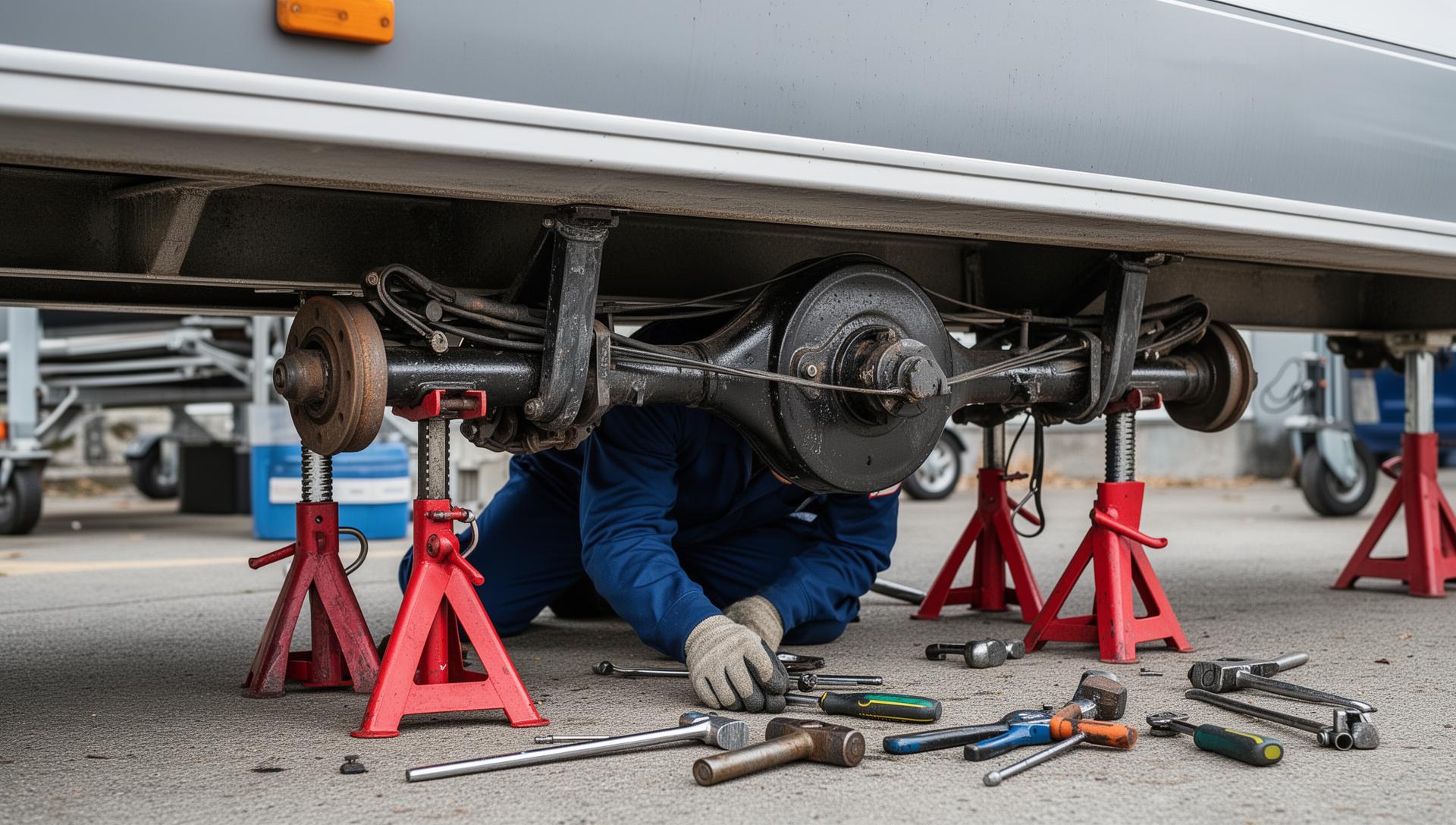 Trailer axle being removed or replaced on jack stands with tools visible