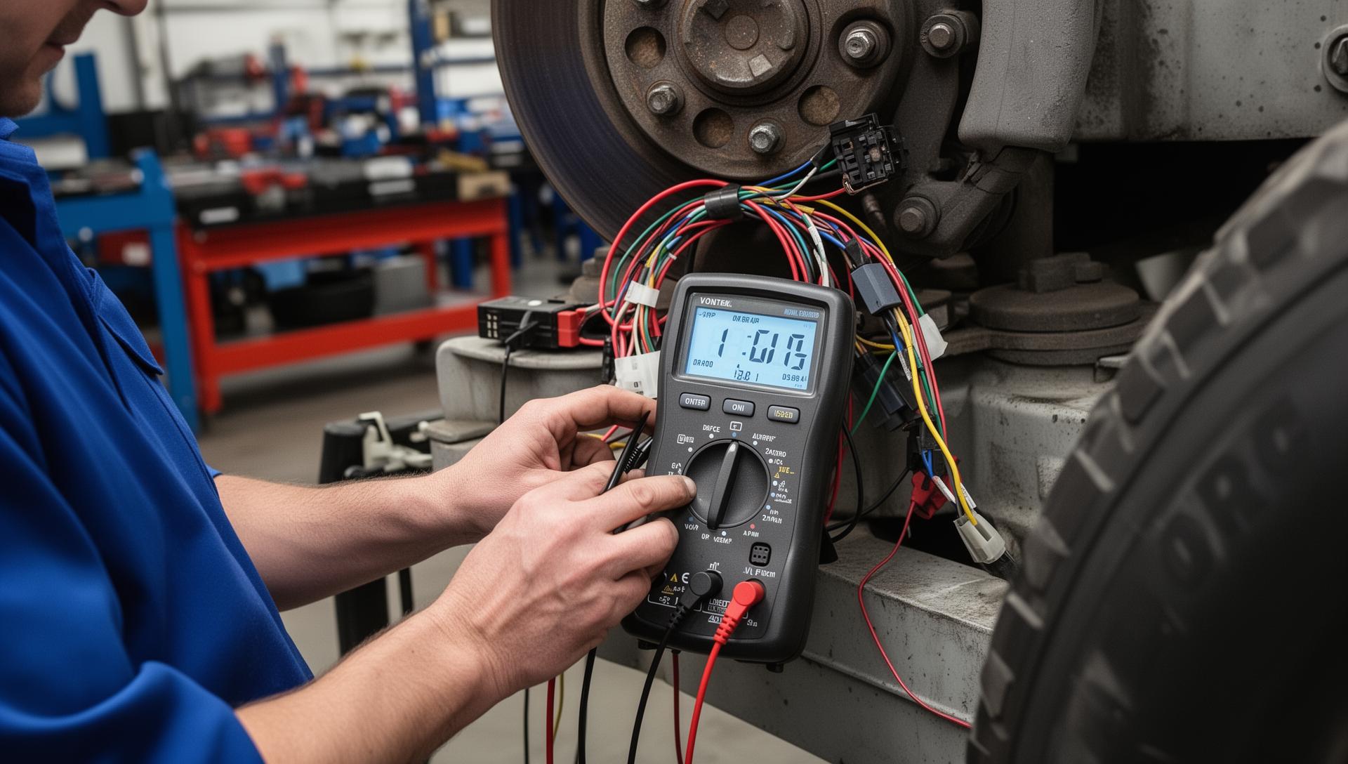 Technician testing a brake controller with diagnostic equipment connected to trailer wiring