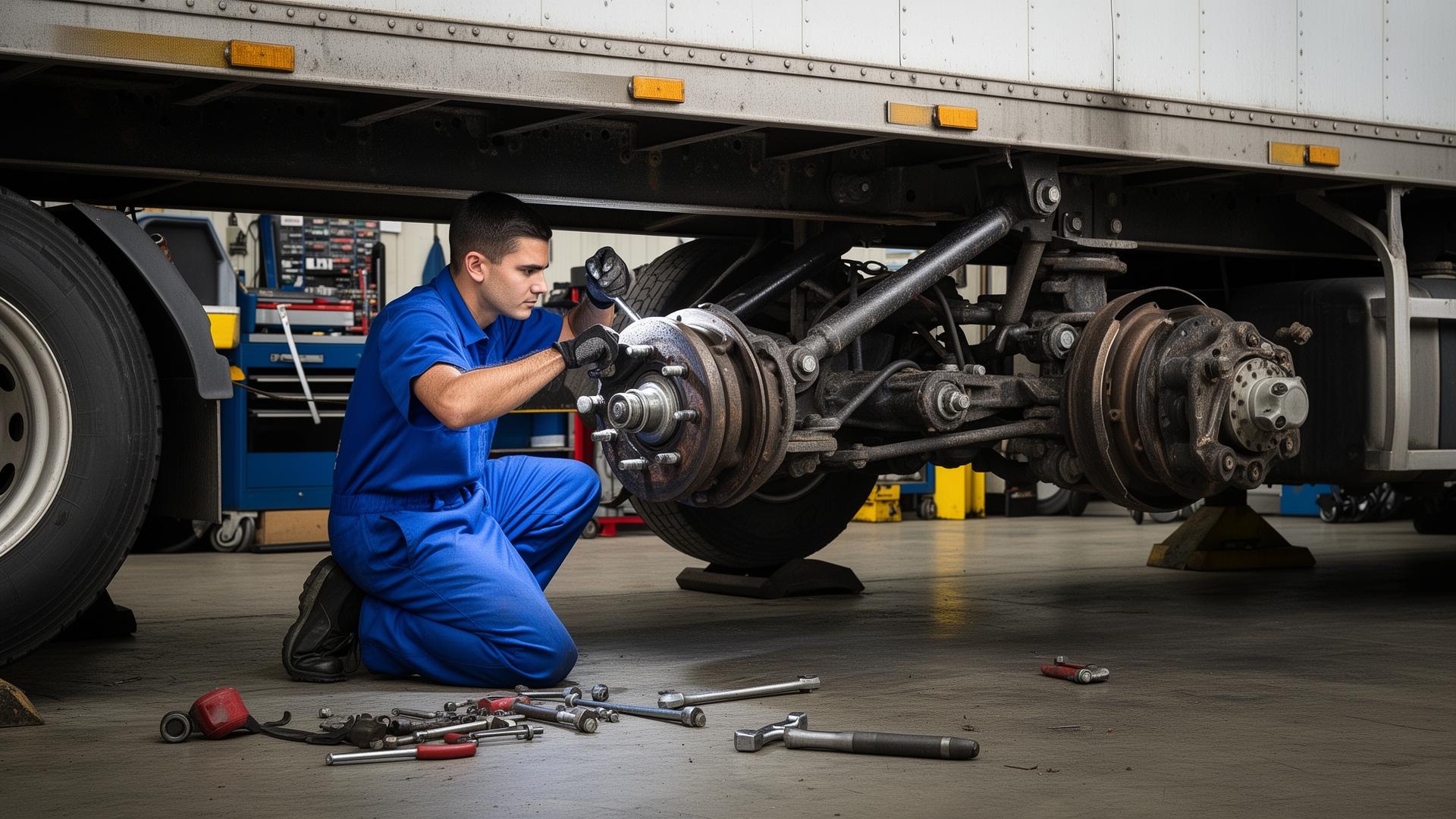 Mechanic working on trailer brakes and suspension system