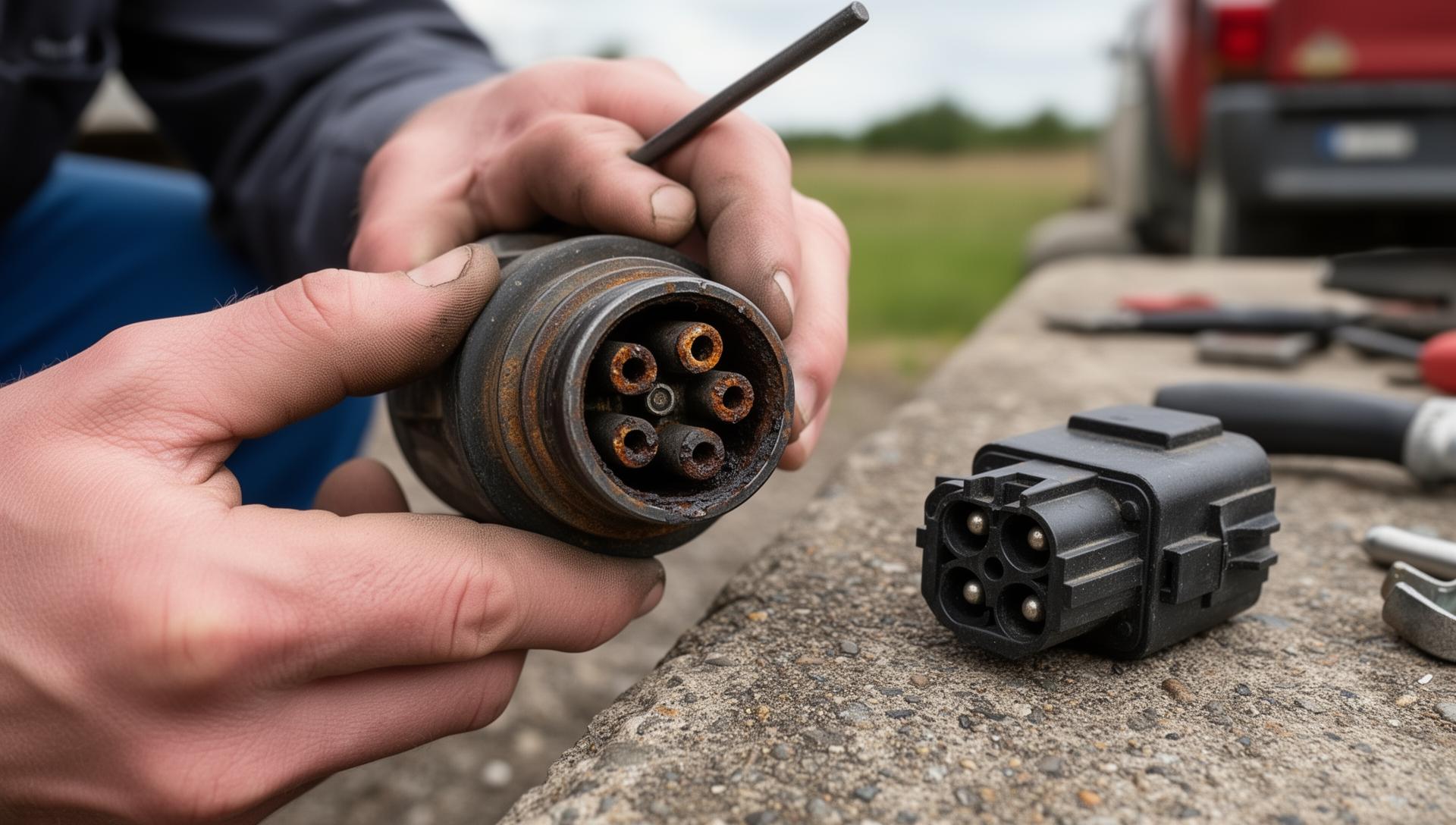 Close up of a 7 pin trailer connector being repaired or replaced