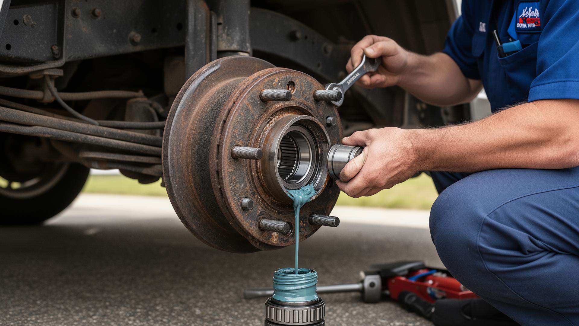 Mechanic repacking wheel bearings on a trailer axle hub