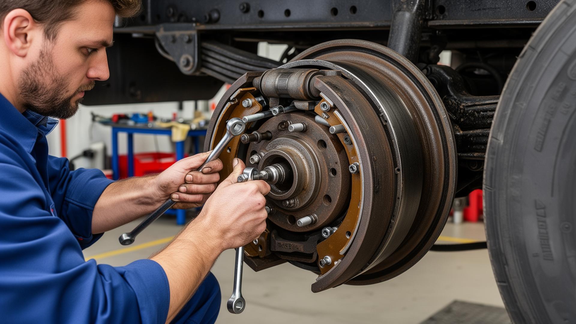 Technician replacing trailer brake drums and adjusting brake shoes