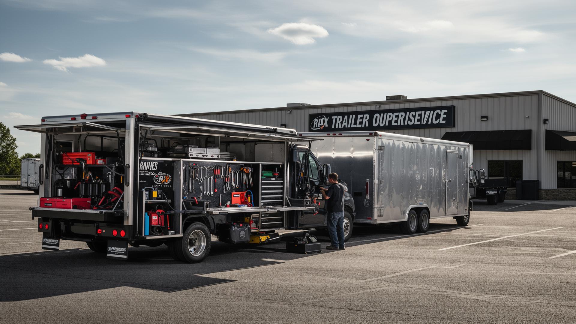 Fully equipped mobile service truck parked next to a trailer at a customer location