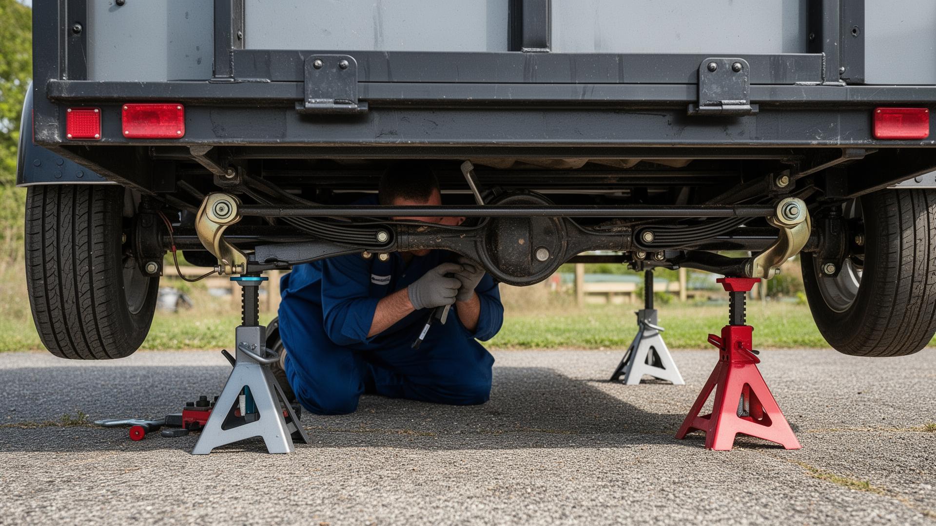 Technician replacing leaf springs and shackles underneath a trailer