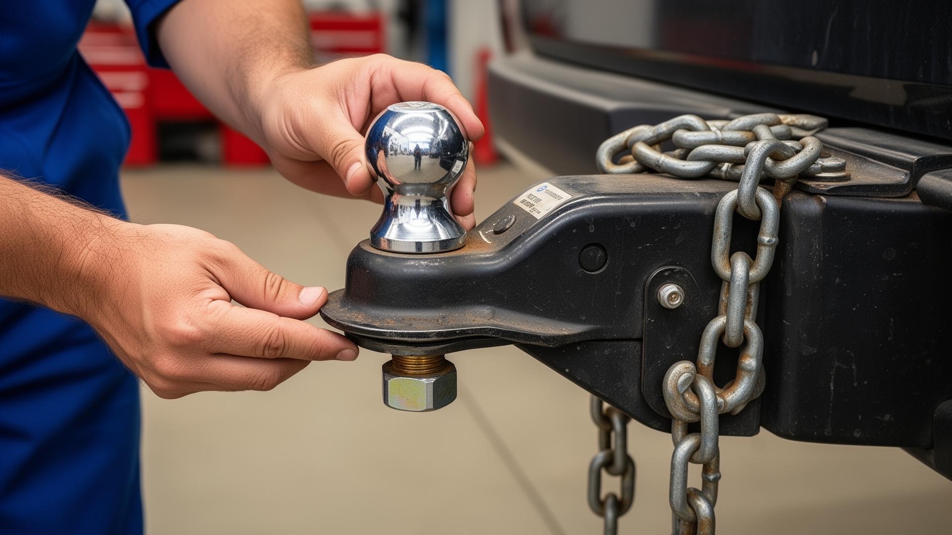 Close up of a trailer ball coupler being inspected with safety chains visible