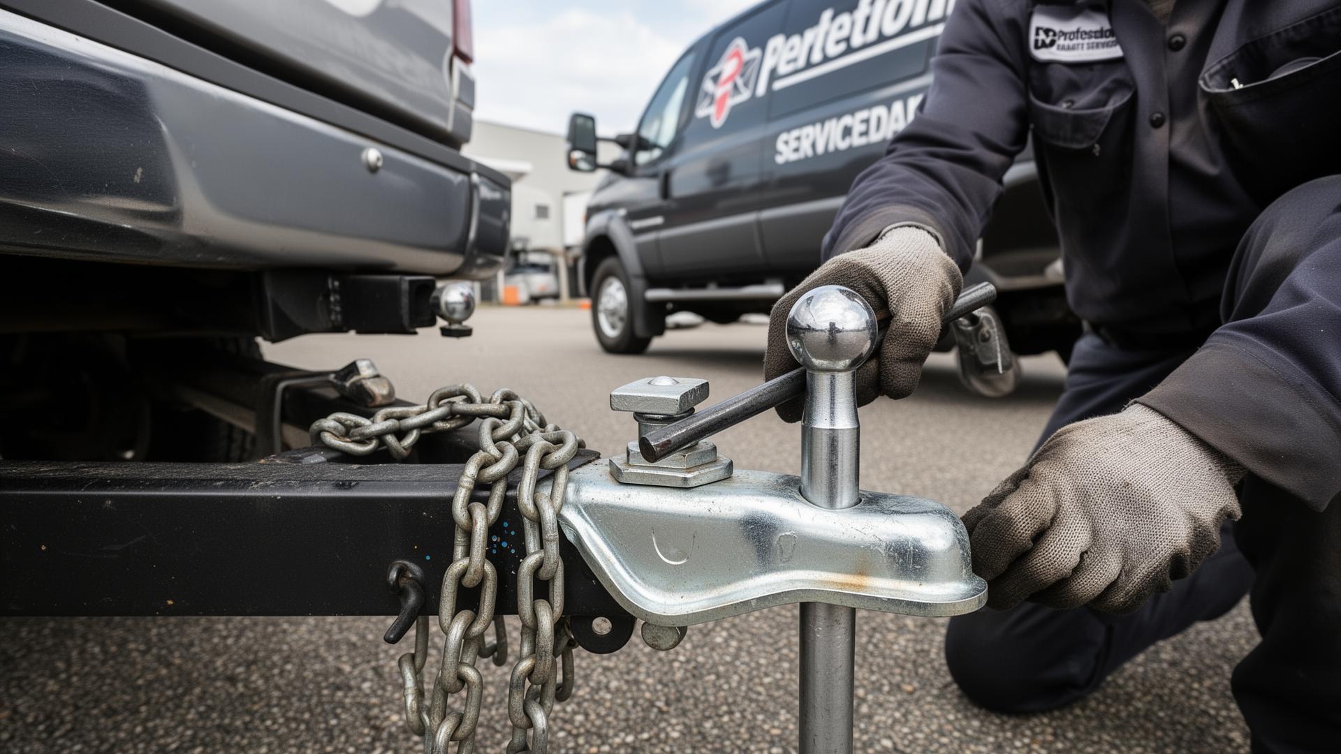 Close up of trailer hitch and coupler being repaired and adjusted