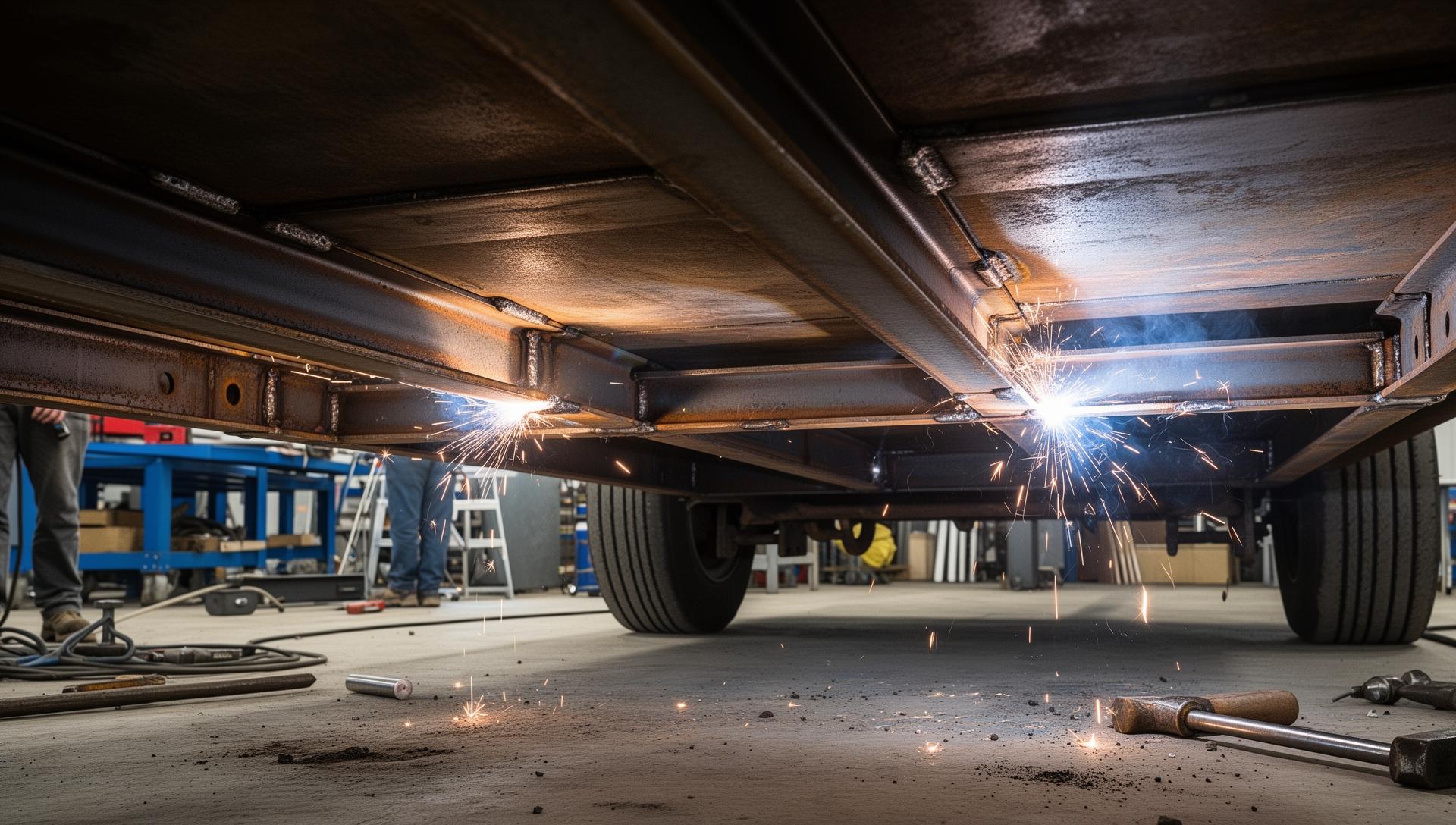 Underside of a trailer showing crossmember replacement work in progress