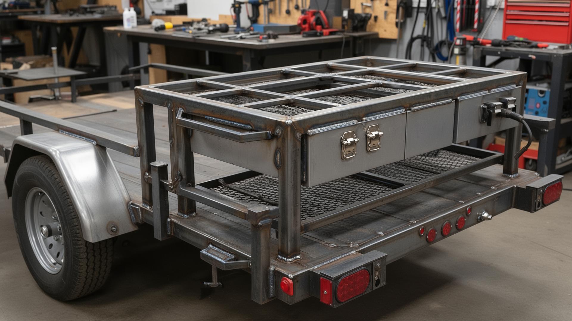 Custom built rack and modification on a utility trailer showing welding and fabrication work