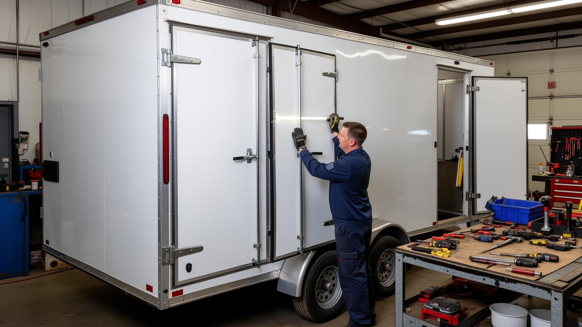 Technician adjusting and aligning rear doors on an enclosed trailer
