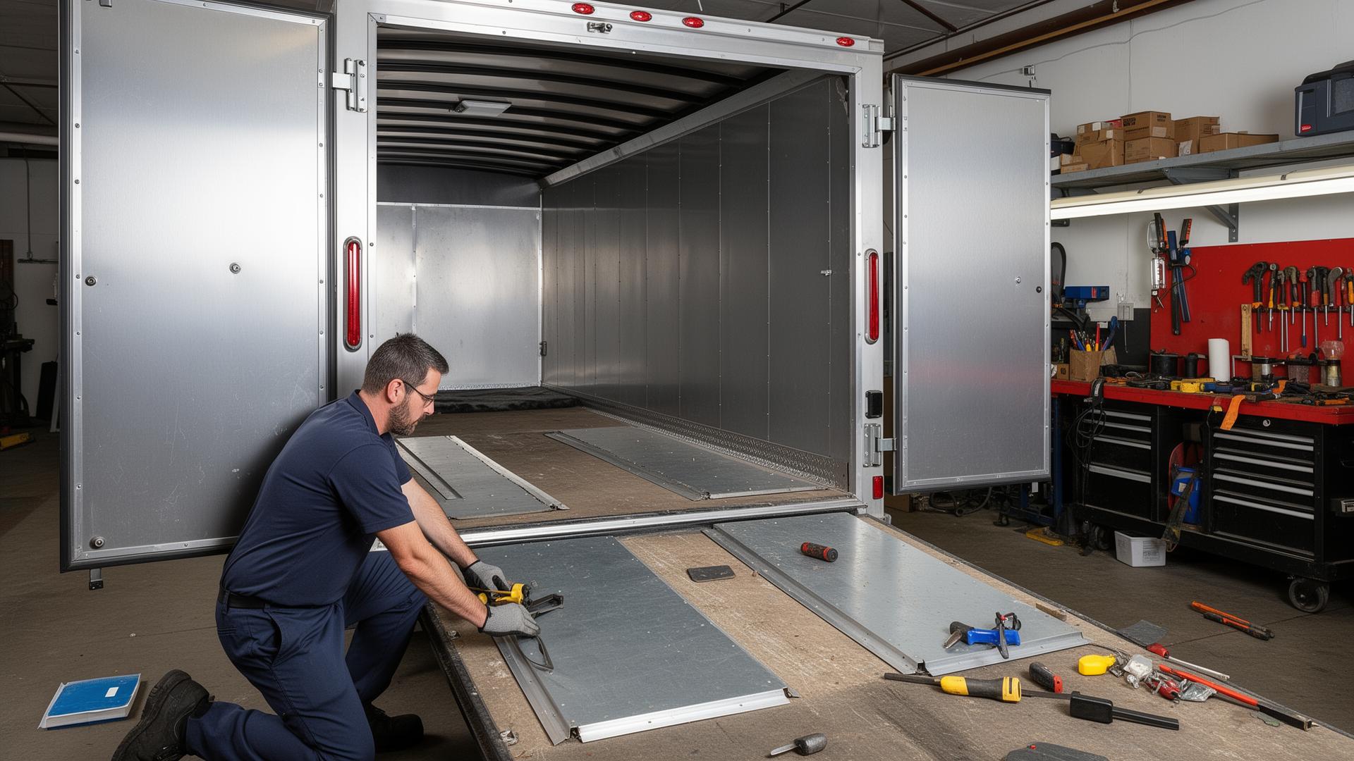 Technician repairing enclosed trailer door and replacing floor panels