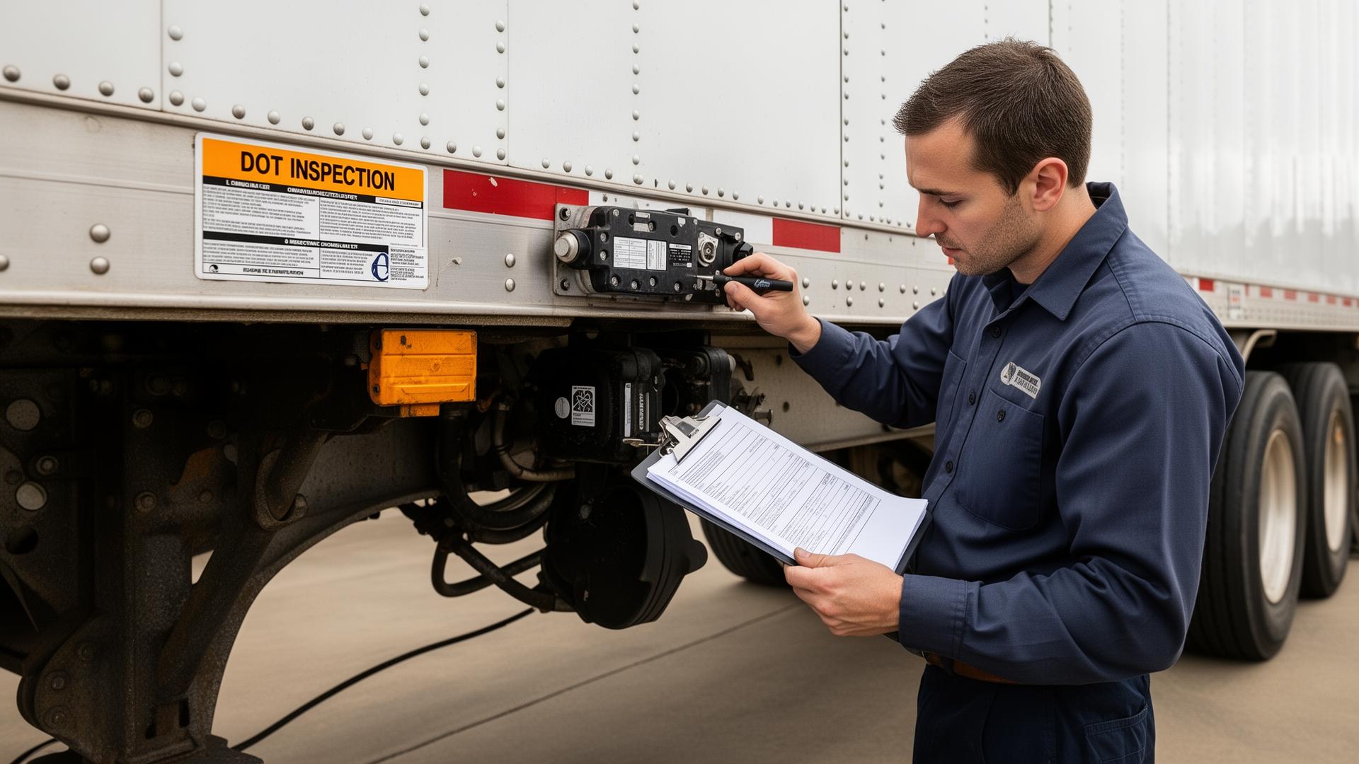 DOT inspection sticker on a commercial trailer with technician checking components and clipboard