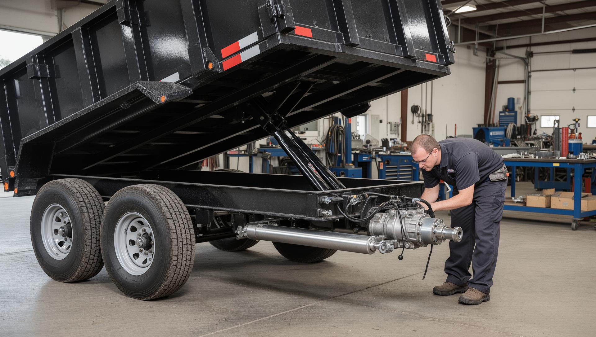 Dump trailer bed raised with hydraulic system visible, technician working