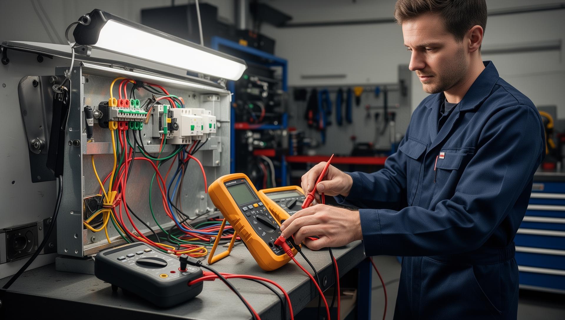 Technician using a multimeter to test trailer electrical connections