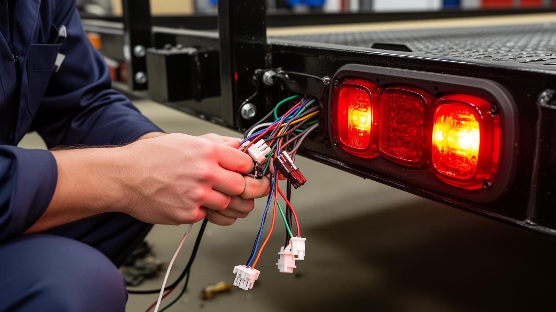 Technician repairing trailer wiring and replacing LED lights