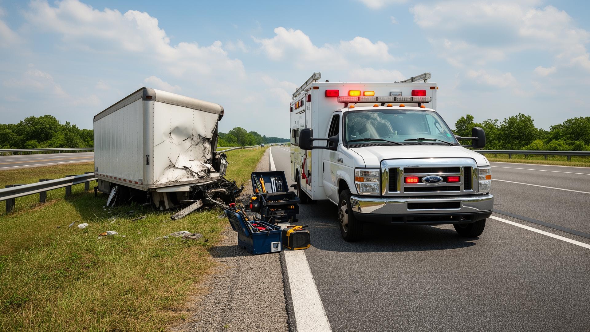 Mobile service truck responding to a broken down trailer on the side of a road