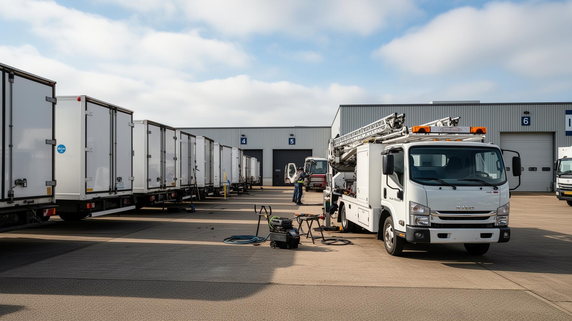 Row of commercial trailers at a business yard with mobile service truck performing fleet maintenance