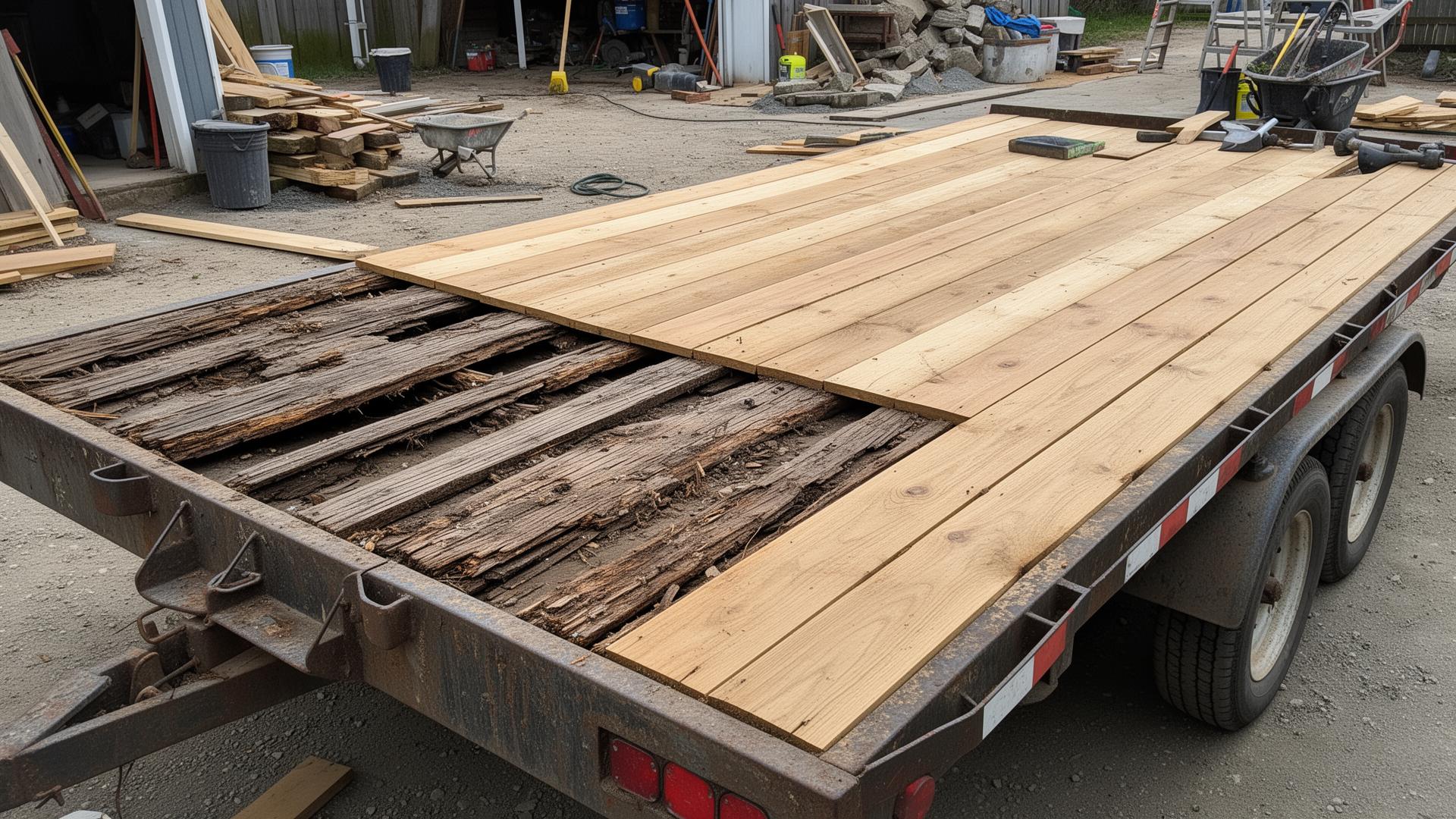 Old rotted floor boards being removed and replaced with new decking on a trailer