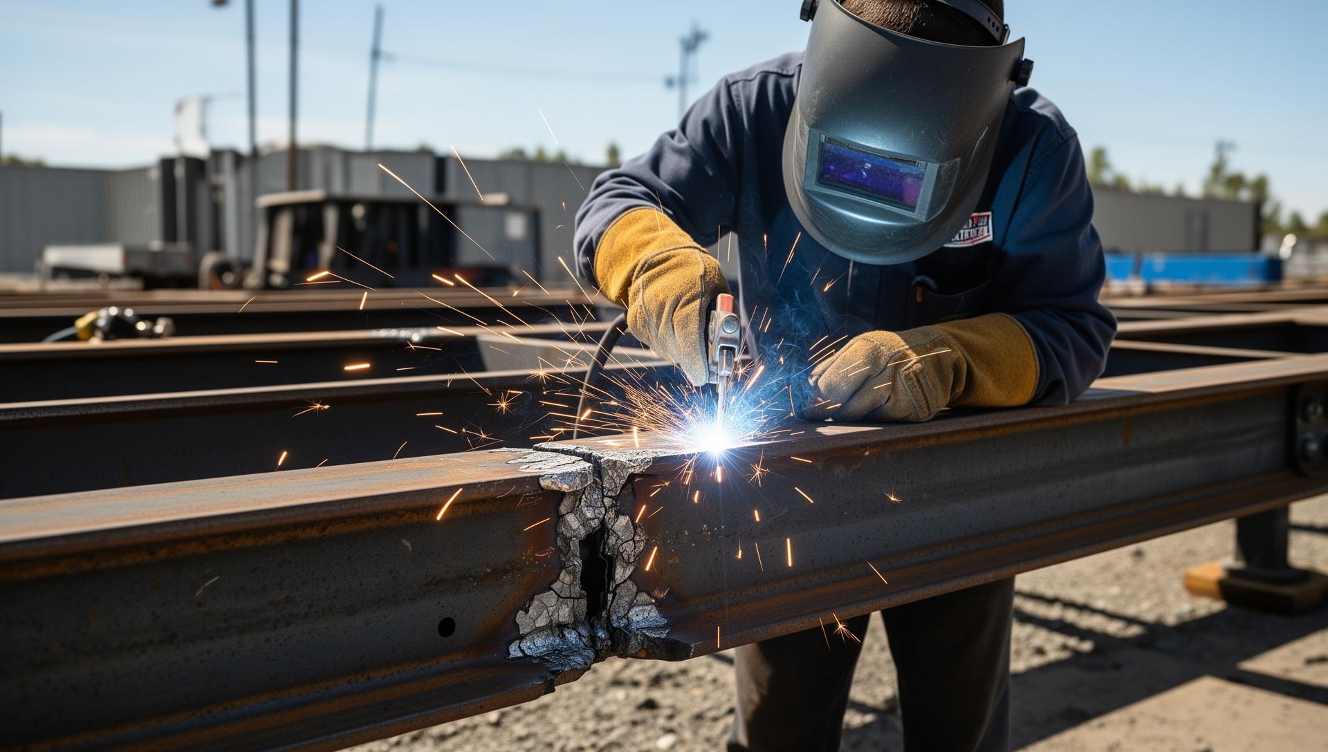 Welder repairing a cracked trailer frame with welding sparks visible