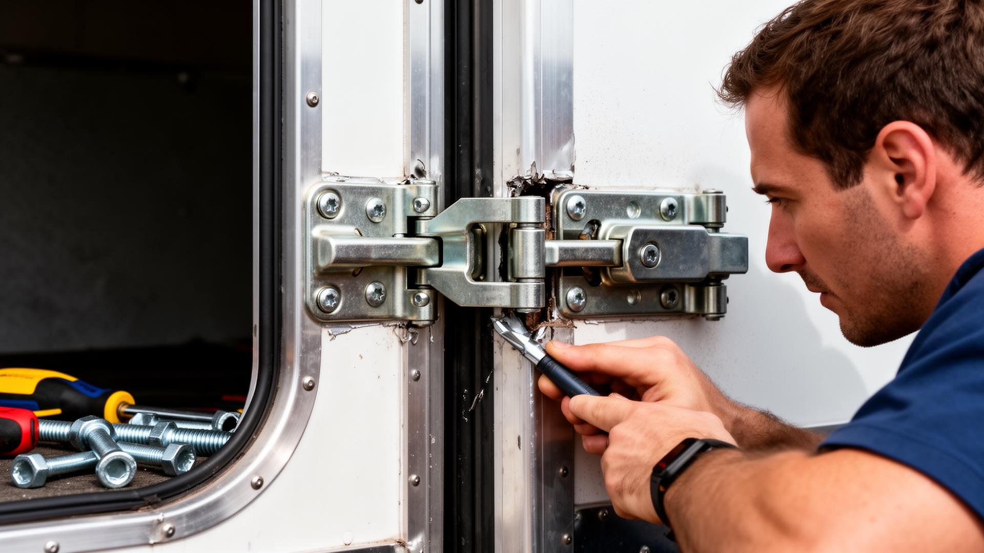 Close up of trailer door hinges and latch mechanisms being repaired