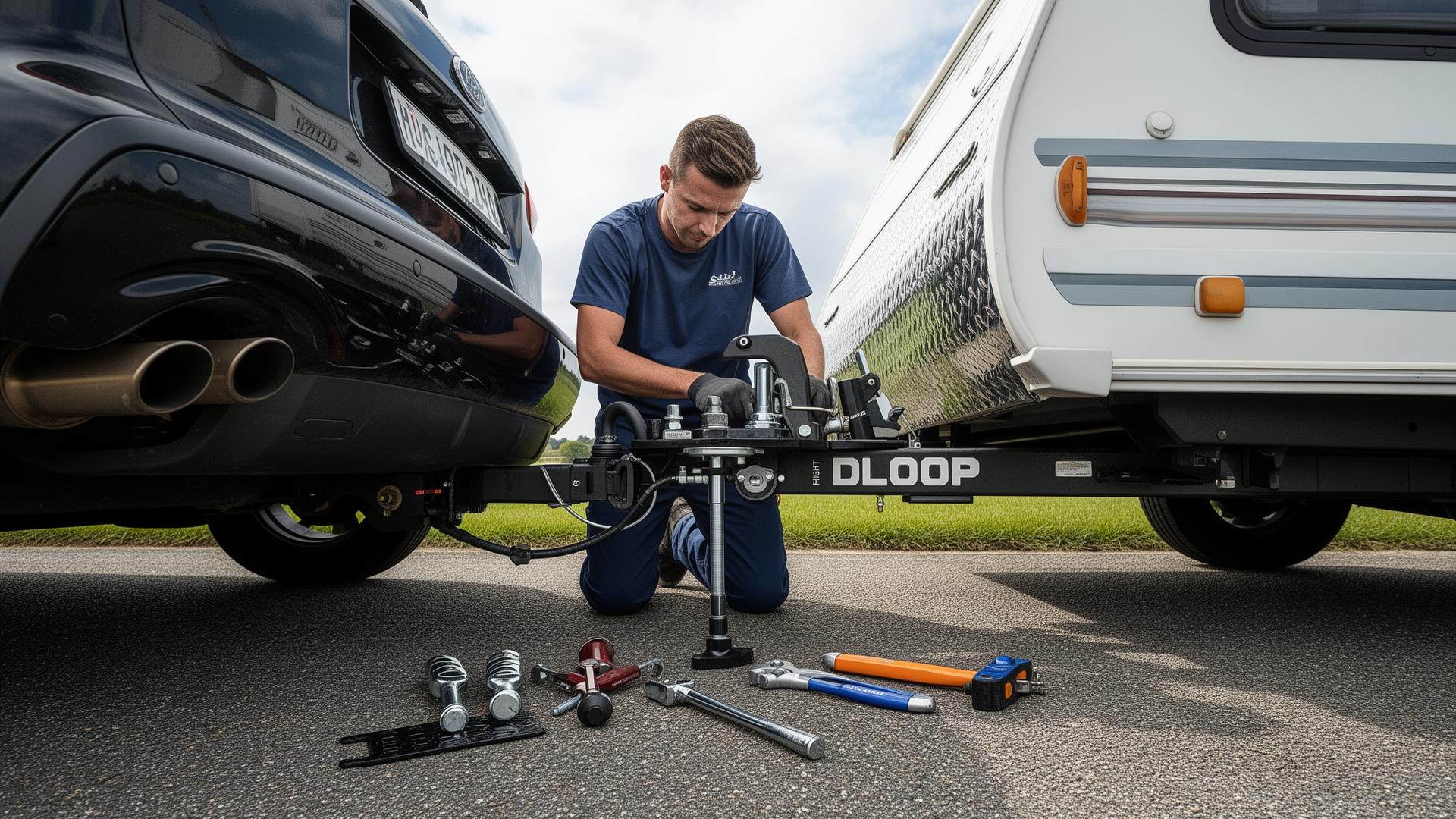 Technician adjusting hitch height and components between a tow vehicle and trailer