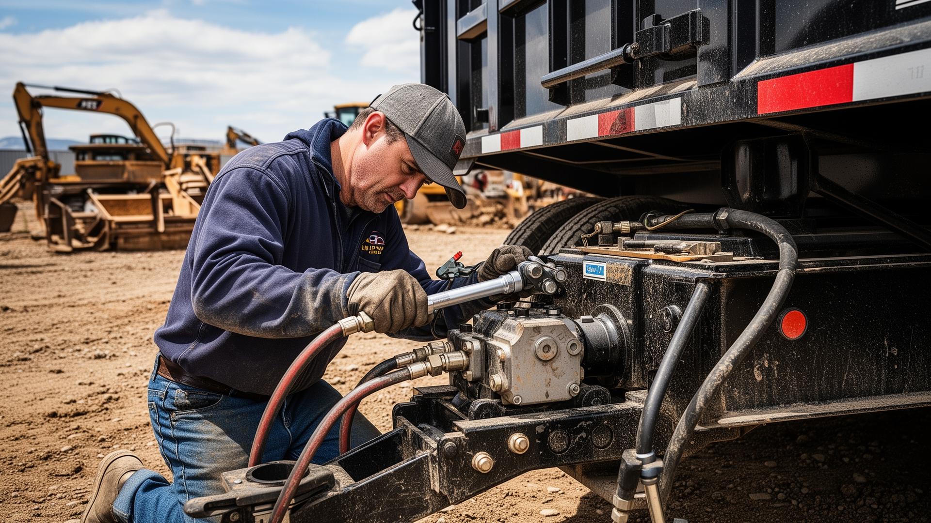 Hydraulic system repair on a dump trailer with cylinder visible