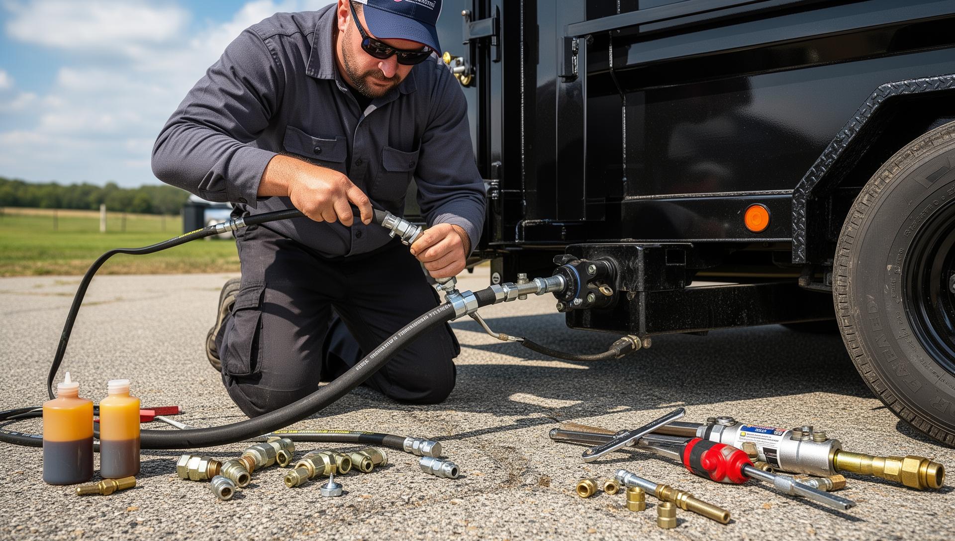 Technician replacing a hydraulic line on a dump trailer