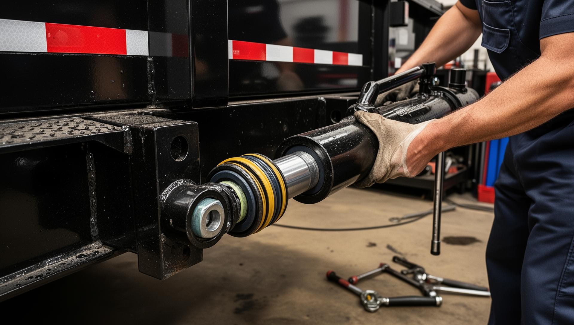 Hydraulic cylinder being removed or resealed on a dump trailer