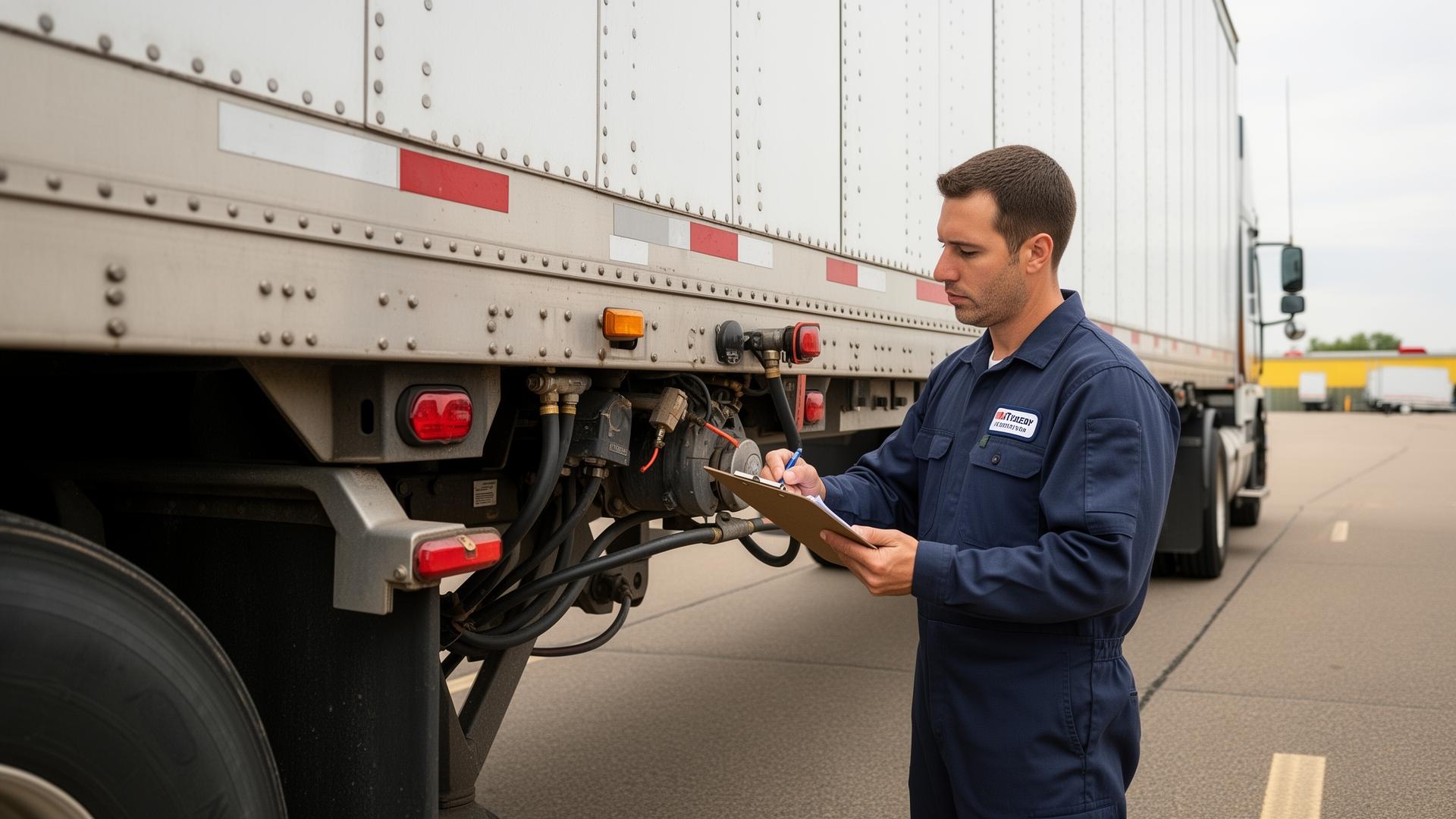 Technician performing DOT inspection on a commercial trailer