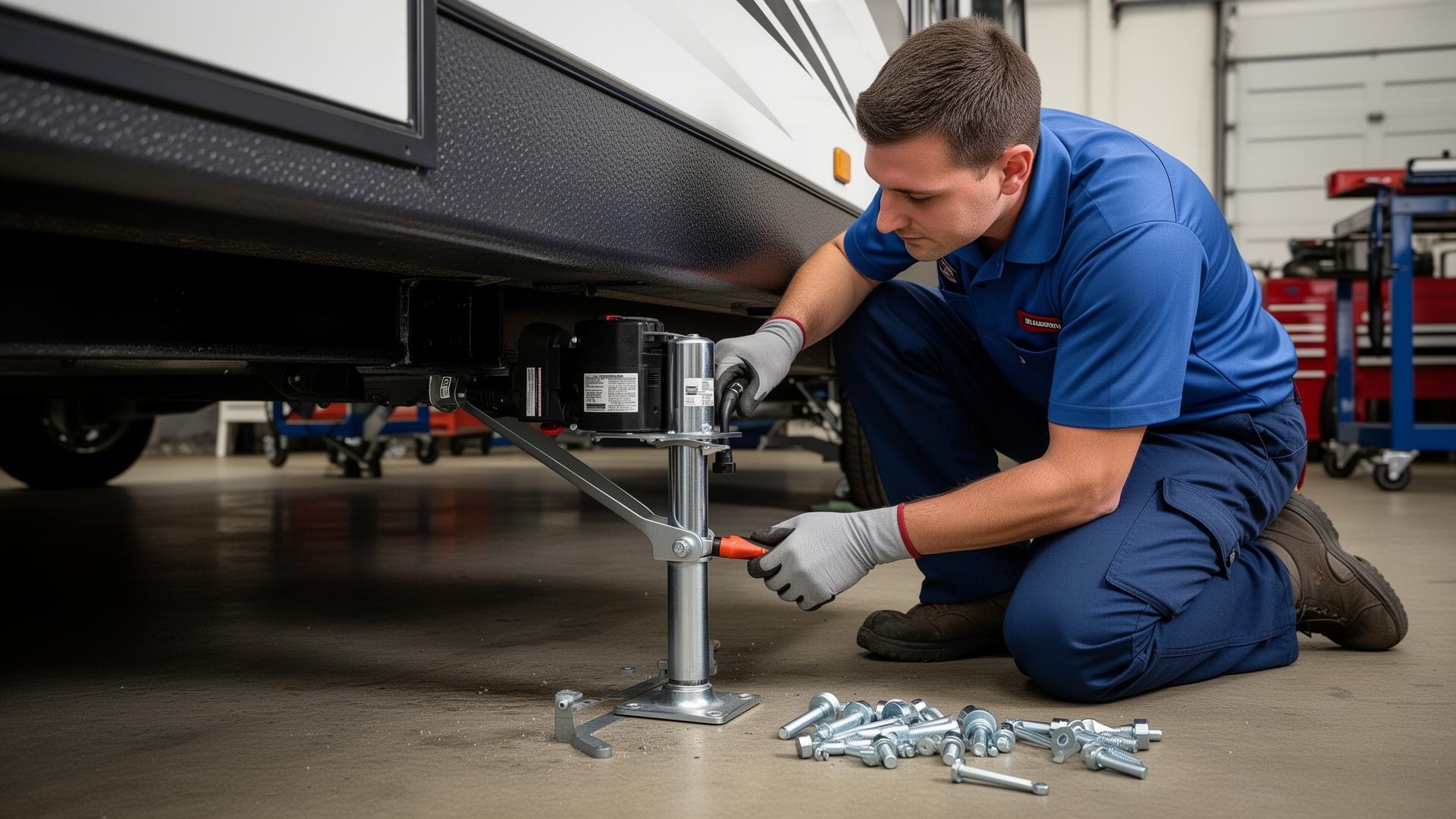 Technician replacing a tongue jack on a trailer with mounting hardware visible