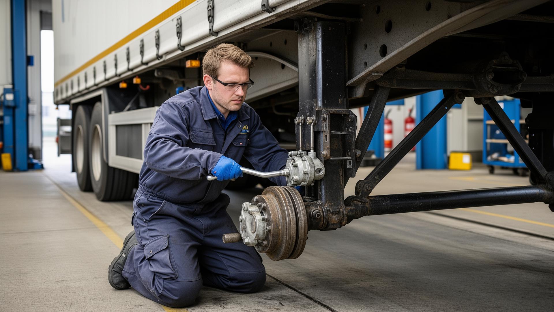 Technician working on landing gear legs on a semi trailer at a loading dock
