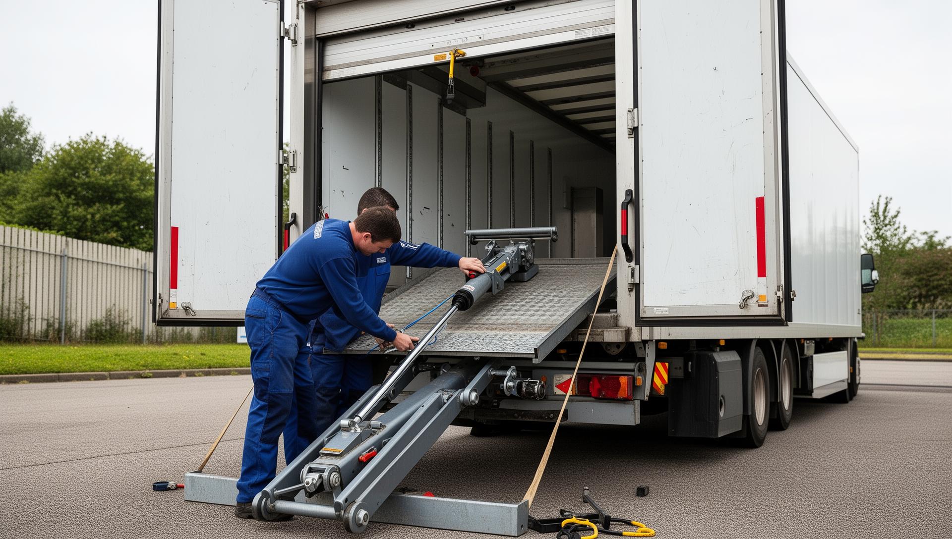 Technician repairing a lift gate mechanism on the rear of an enclosed trailer