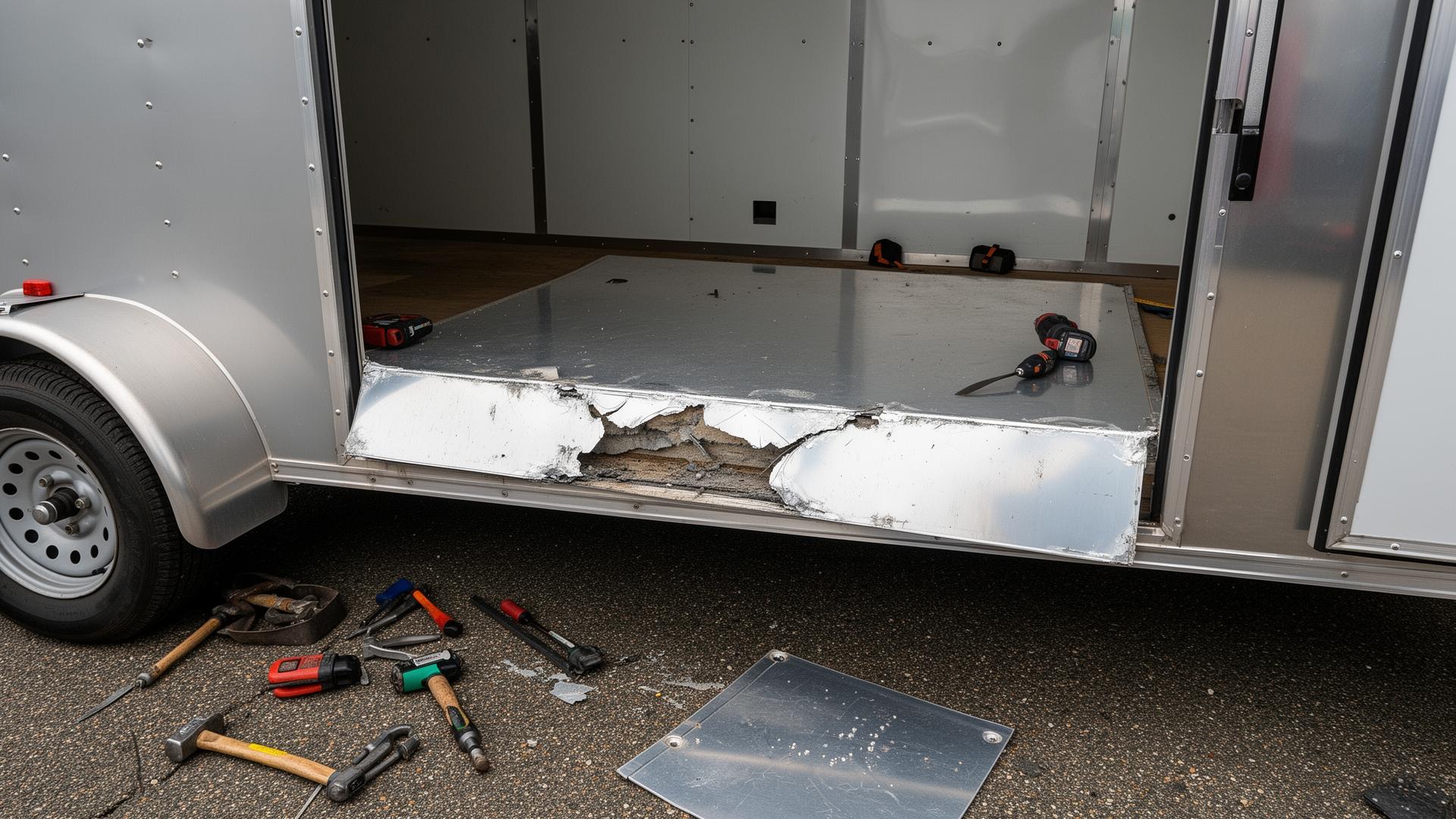Damaged panel on an enclosed trailer being removed and replaced