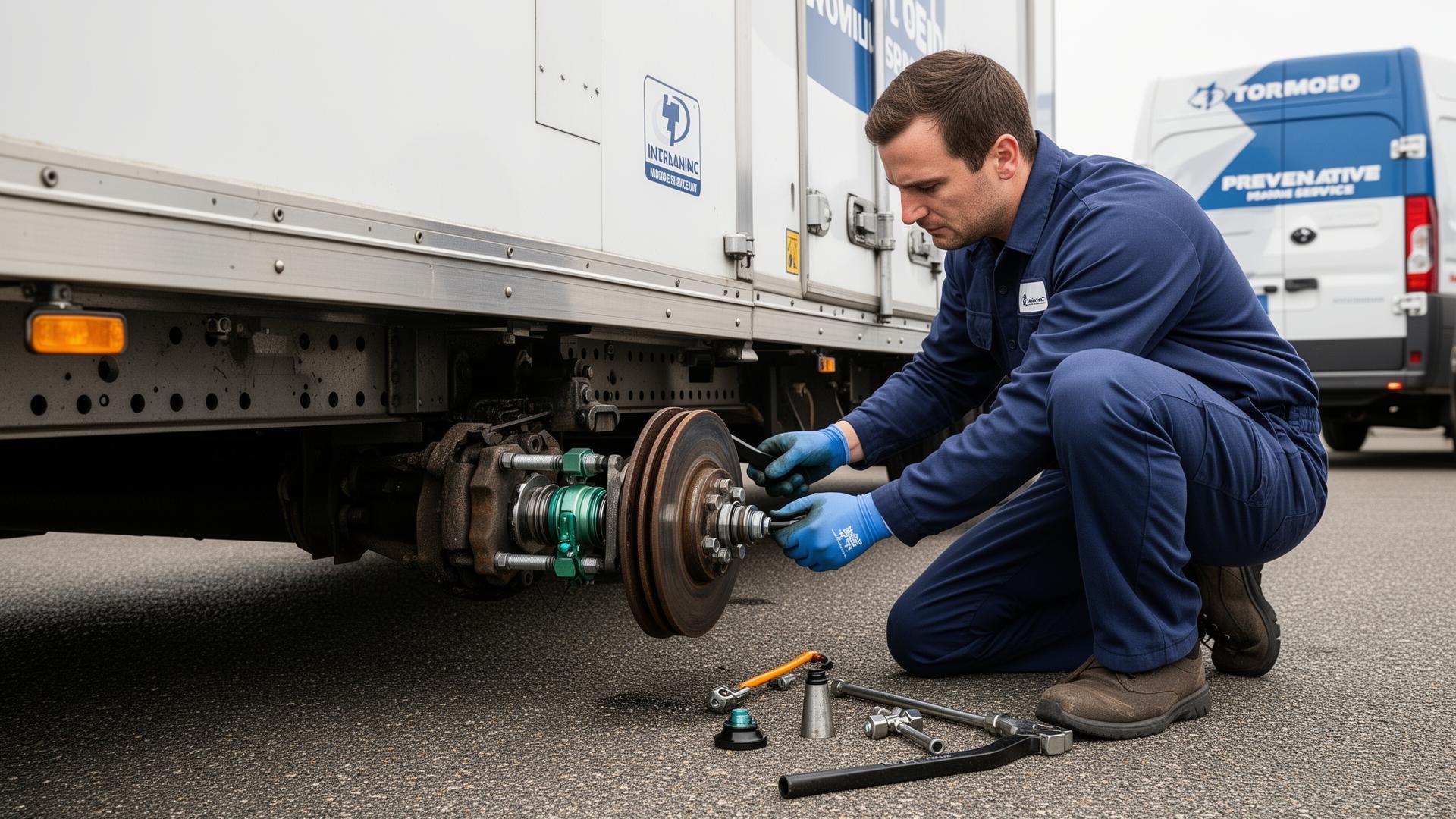 Technician performing routine preventative maintenance on a trailer, greasing bearings and checking brakes