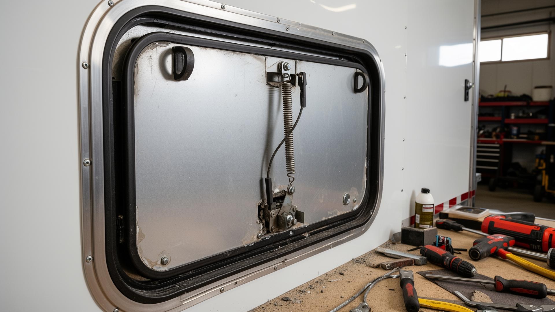 Ramp door on an enclosed trailer with cable and spring mechanism visible during repair