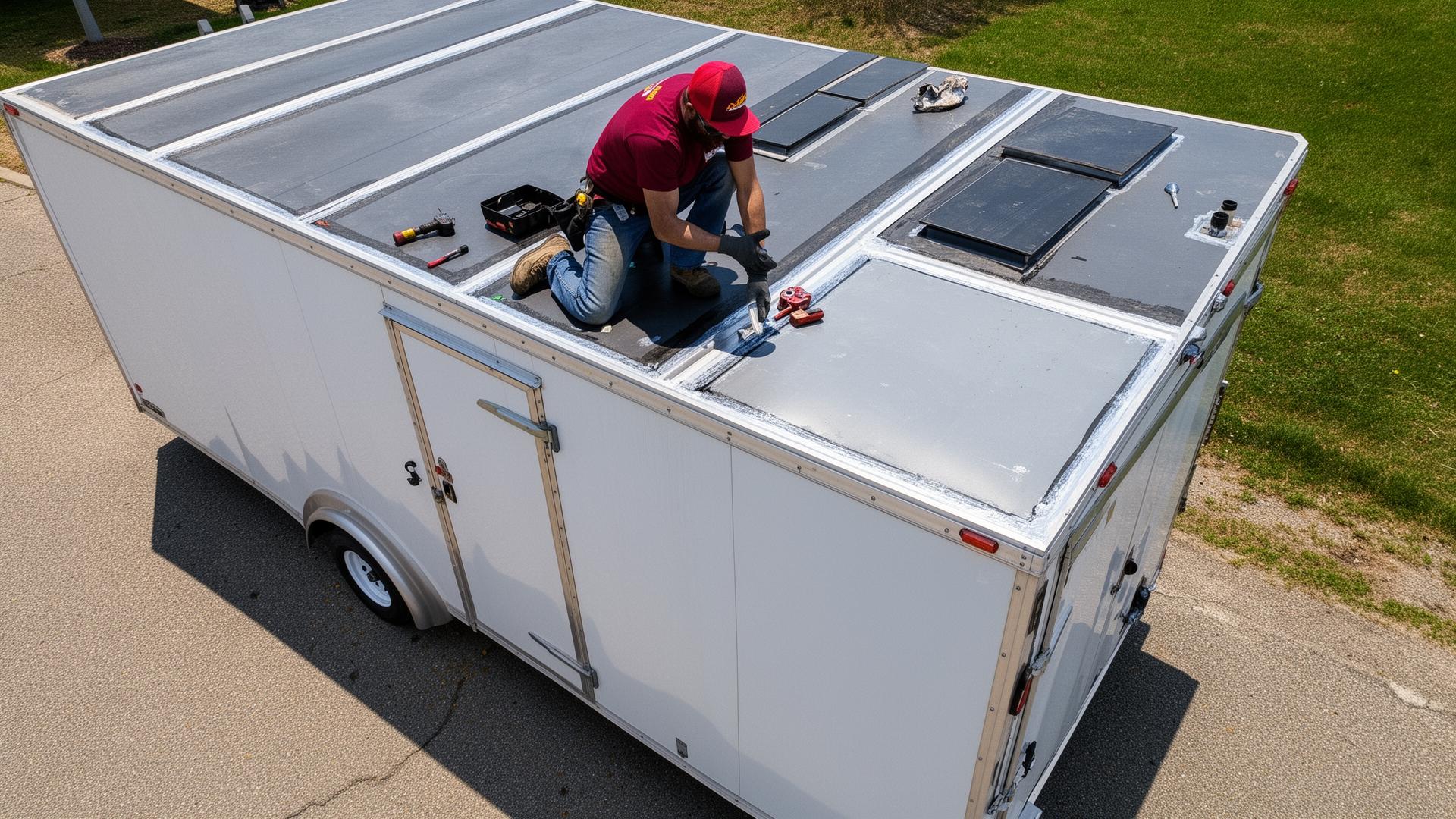 Technician working on top of an enclosed trailer repairing roof panels and sealing seams