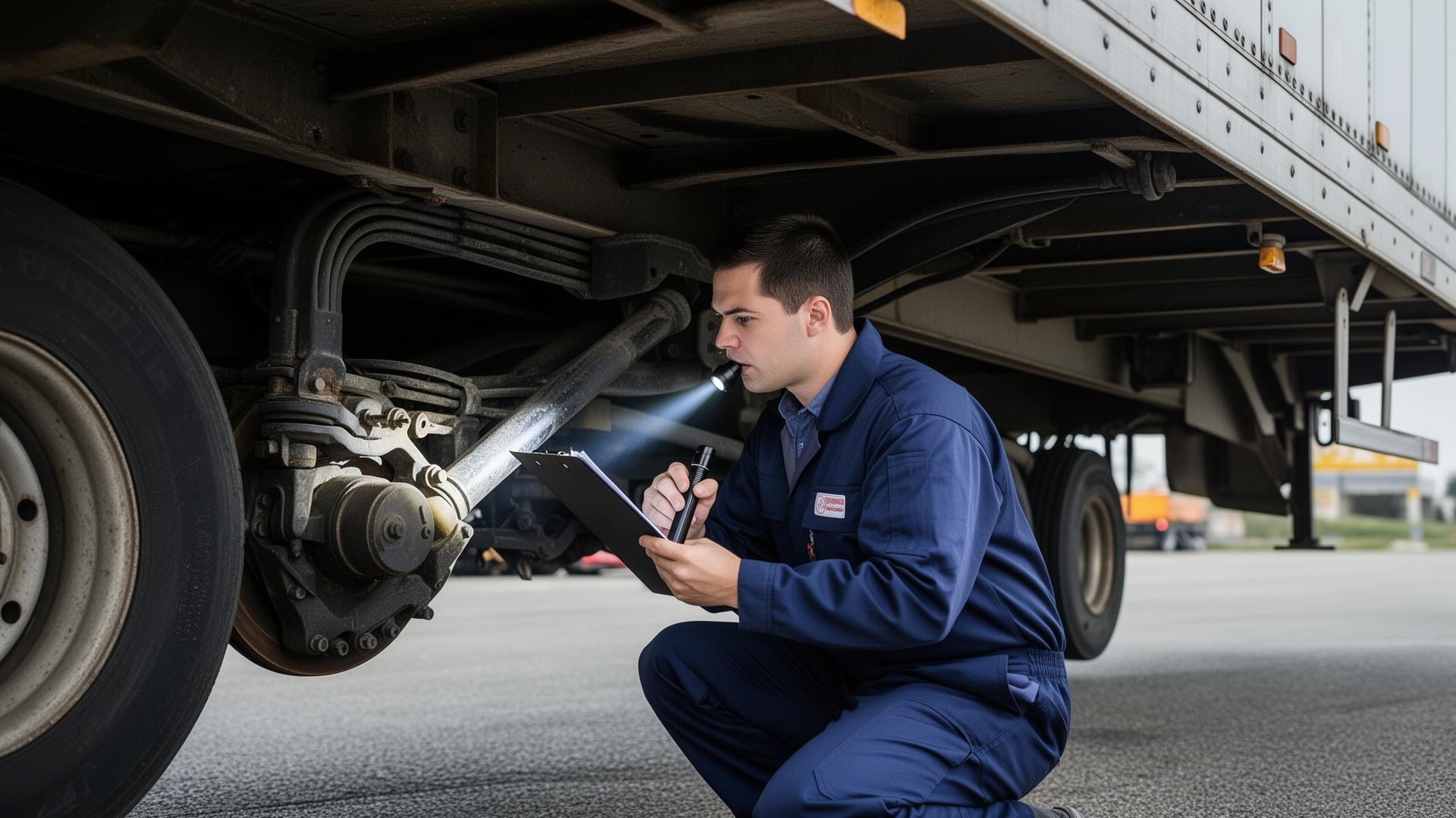 Technician performing a detailed safety inspection underneath a trailer with clipboard and flashlight