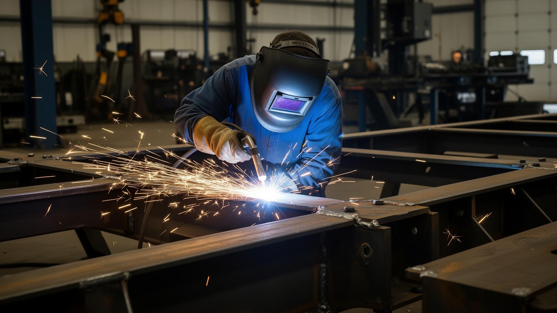 Welder working on a trailer frame with sparks flying
