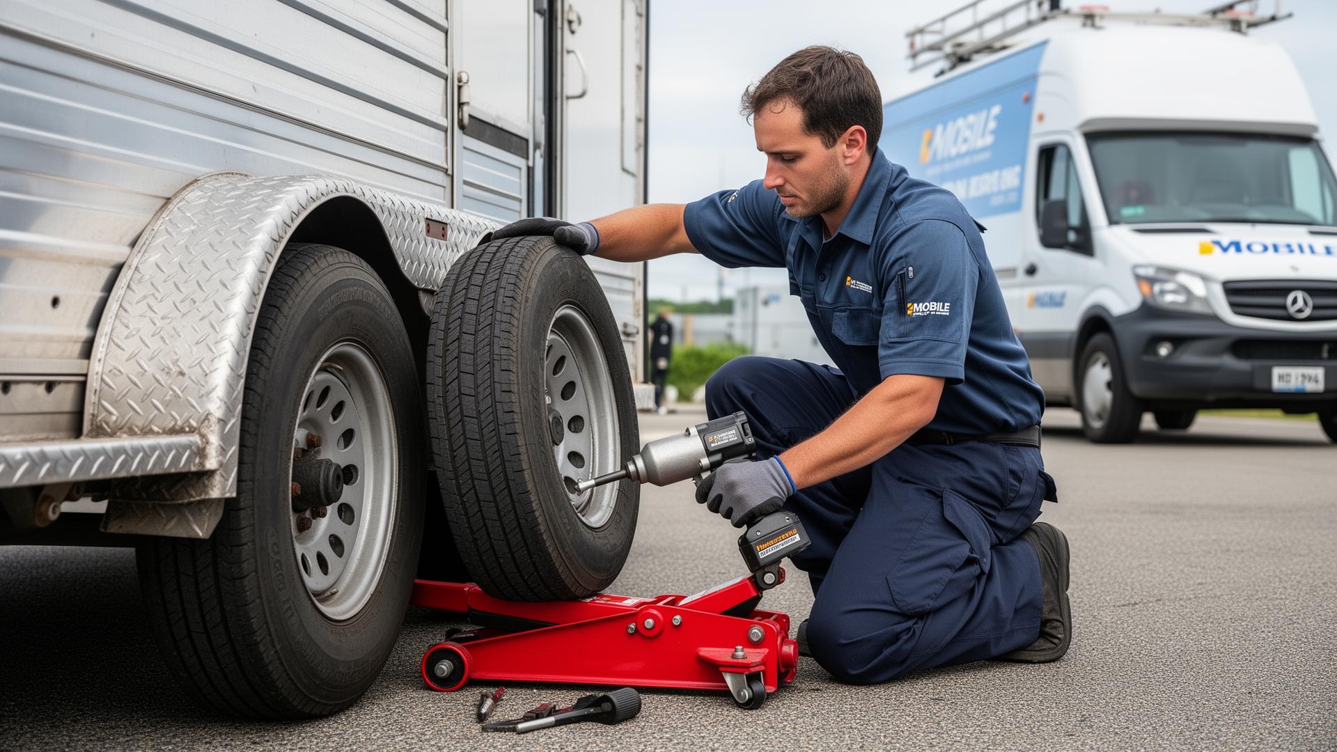 Technician changing a trailer tire on location with jack and impact wrench