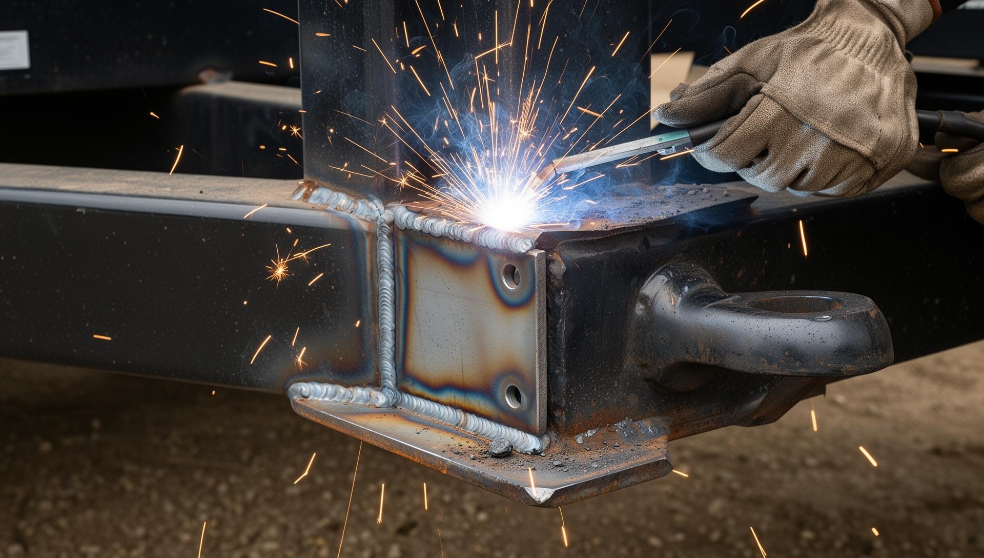 Close up of a trailer tongue being welded and reinforced