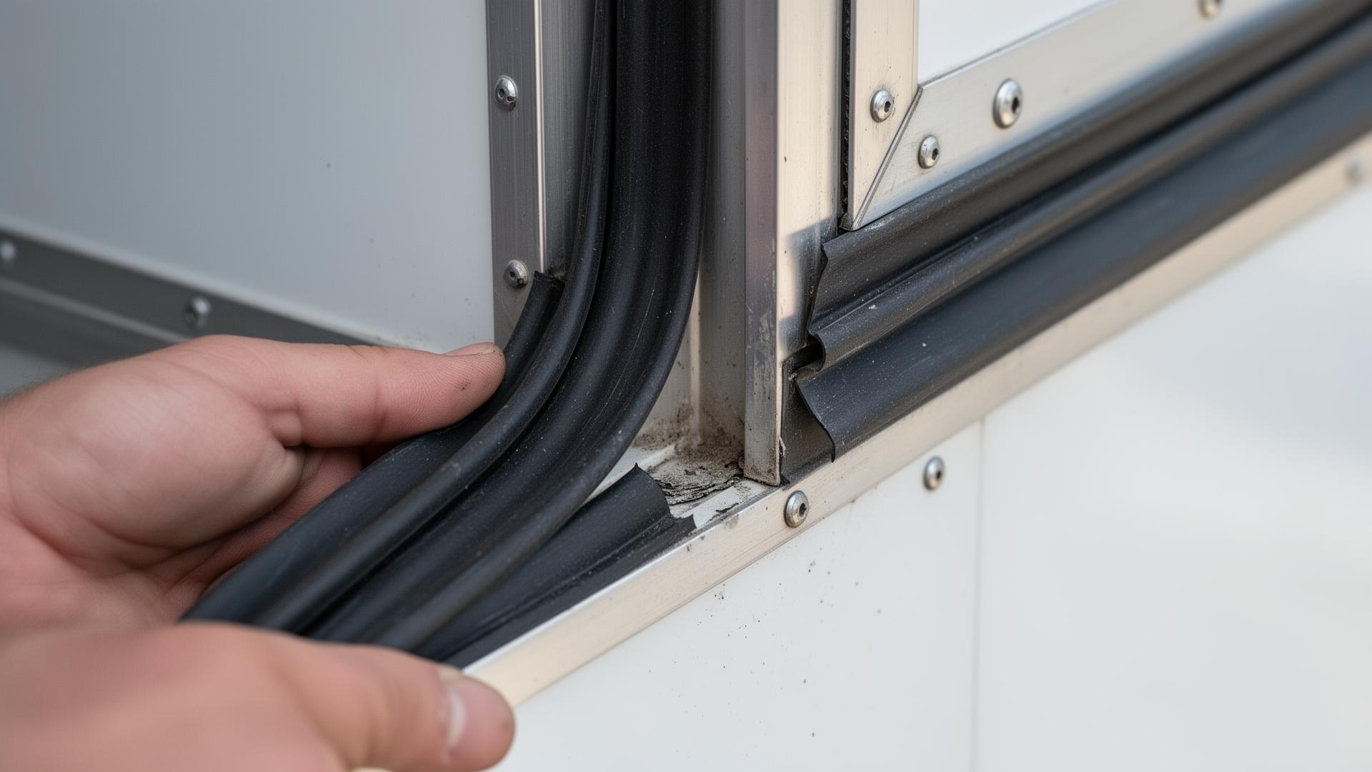 New weather seals being installed around enclosed trailer doors