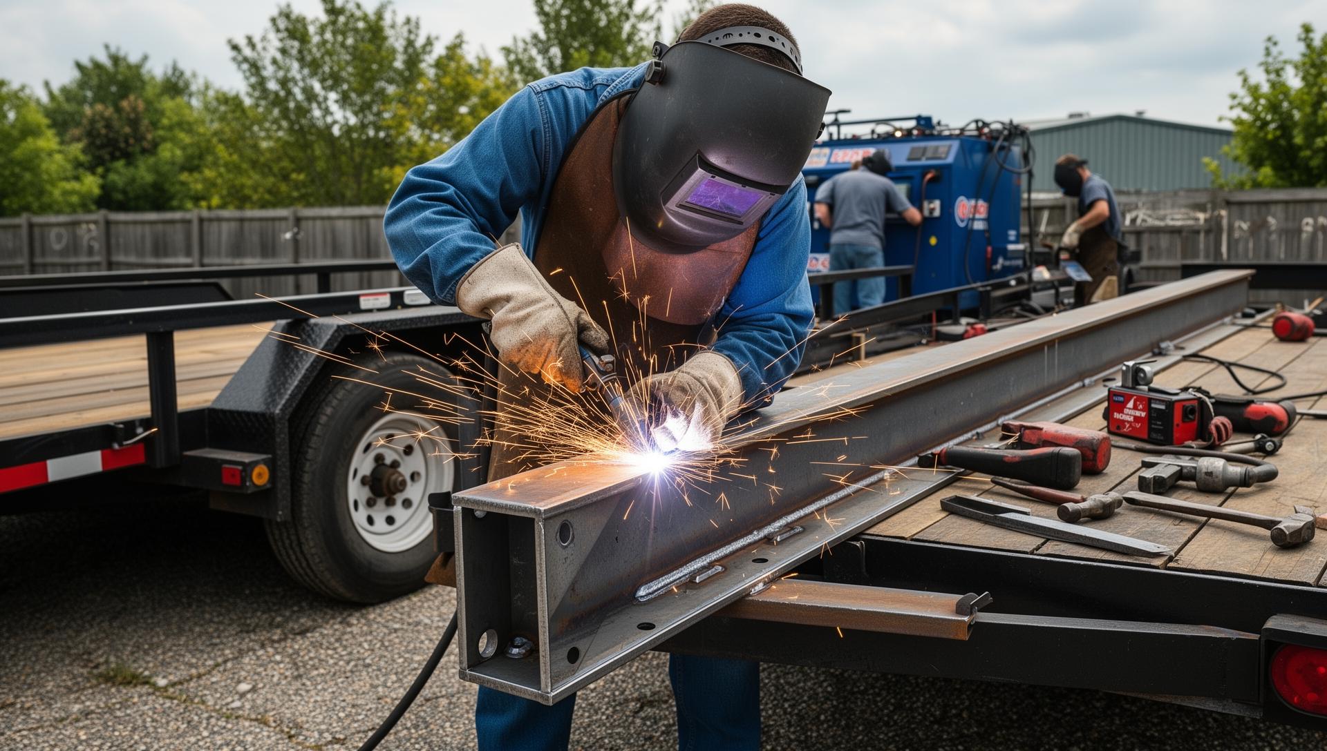 Welder fabricating a custom bracket or structural component on a trailer