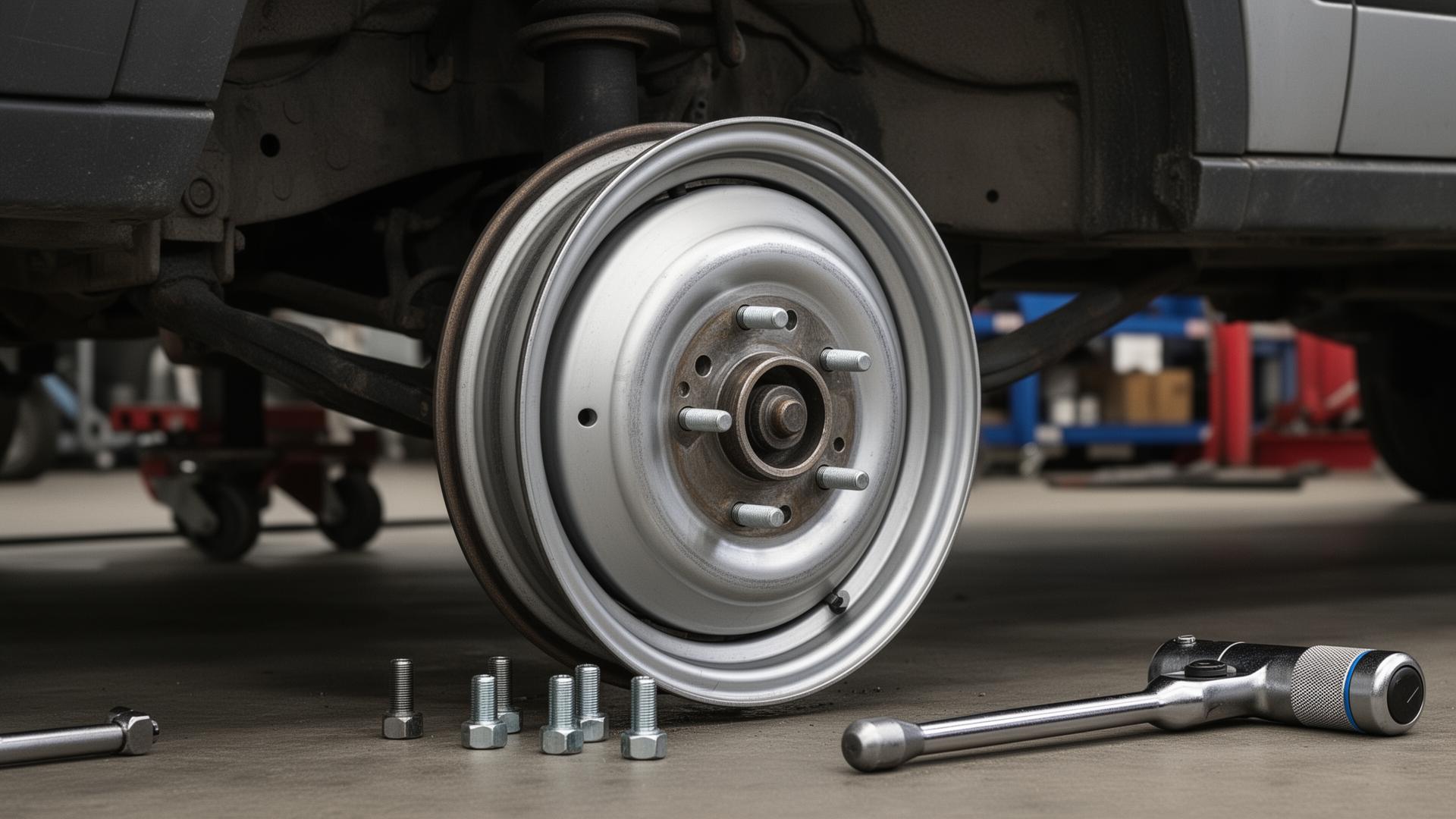 New steel wheel and rim being mounted on a trailer hub with tools visible