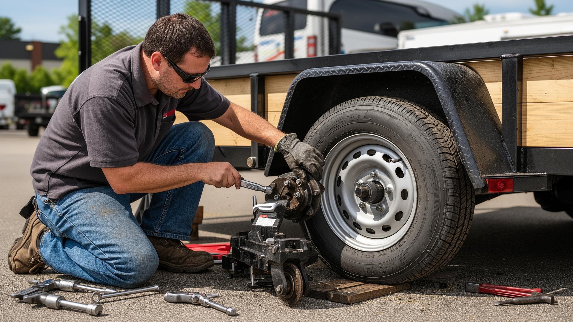 Trailer tire being replaced and mounted with wheel and rim visible