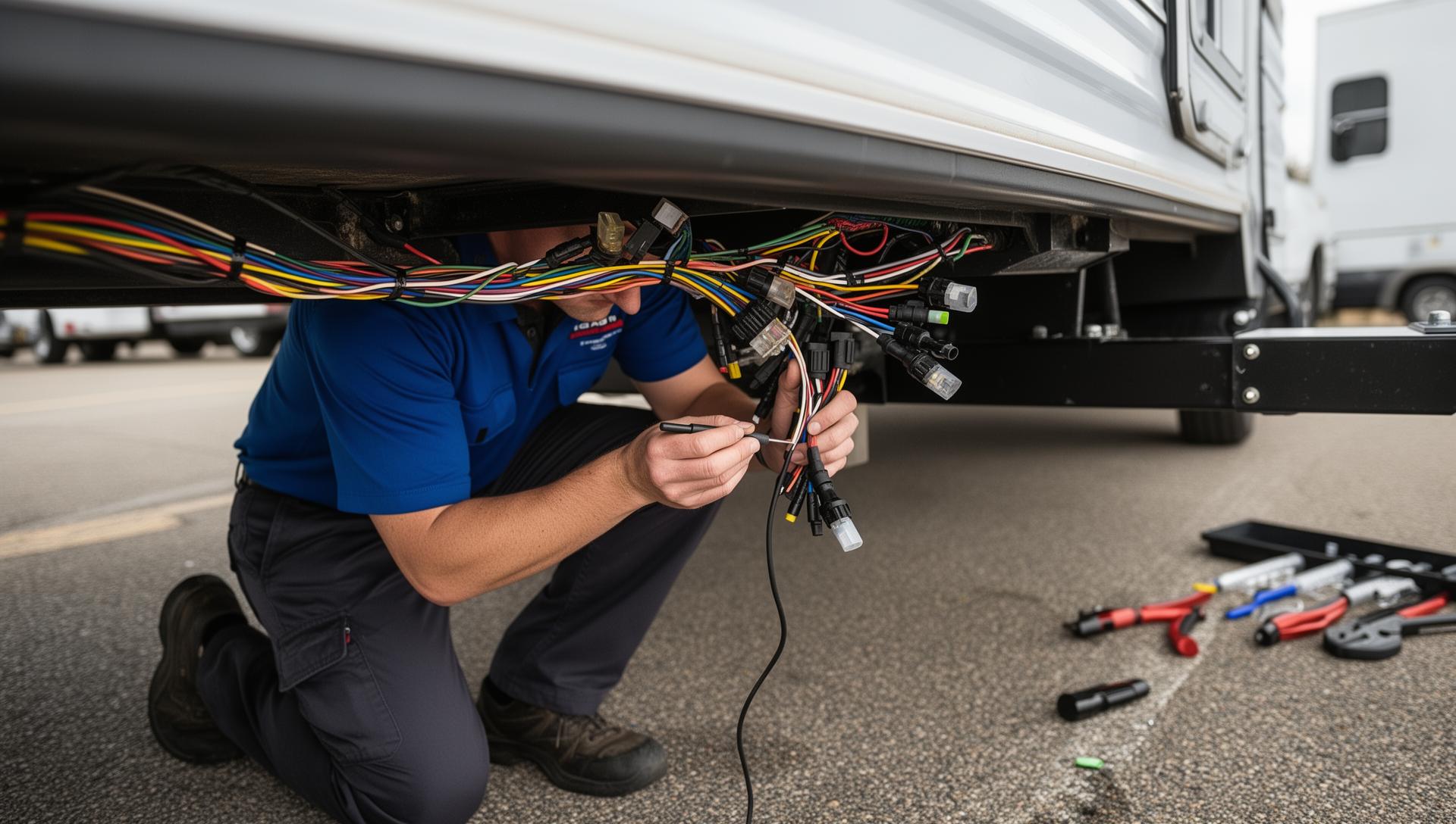 Technician tracing and repairing trailer wiring harness with exposed wires and connectors visible